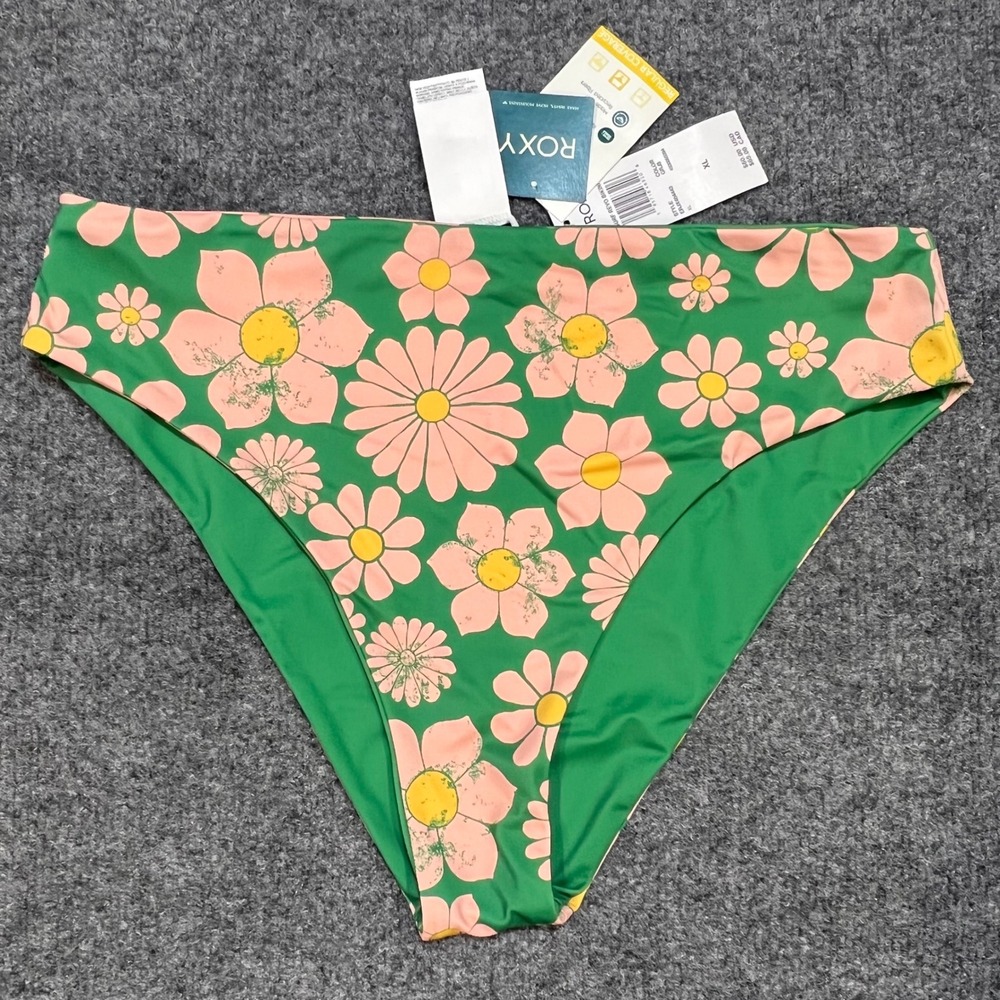 Roxy Pop Surf Revo Bikini Bottom MW Women XL Green Pink Floral Reversible